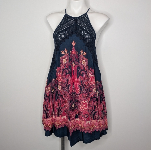 Free People Shea Blue Pink Kaleidoscope Halter Mini Dress S - Picture 1 of 7